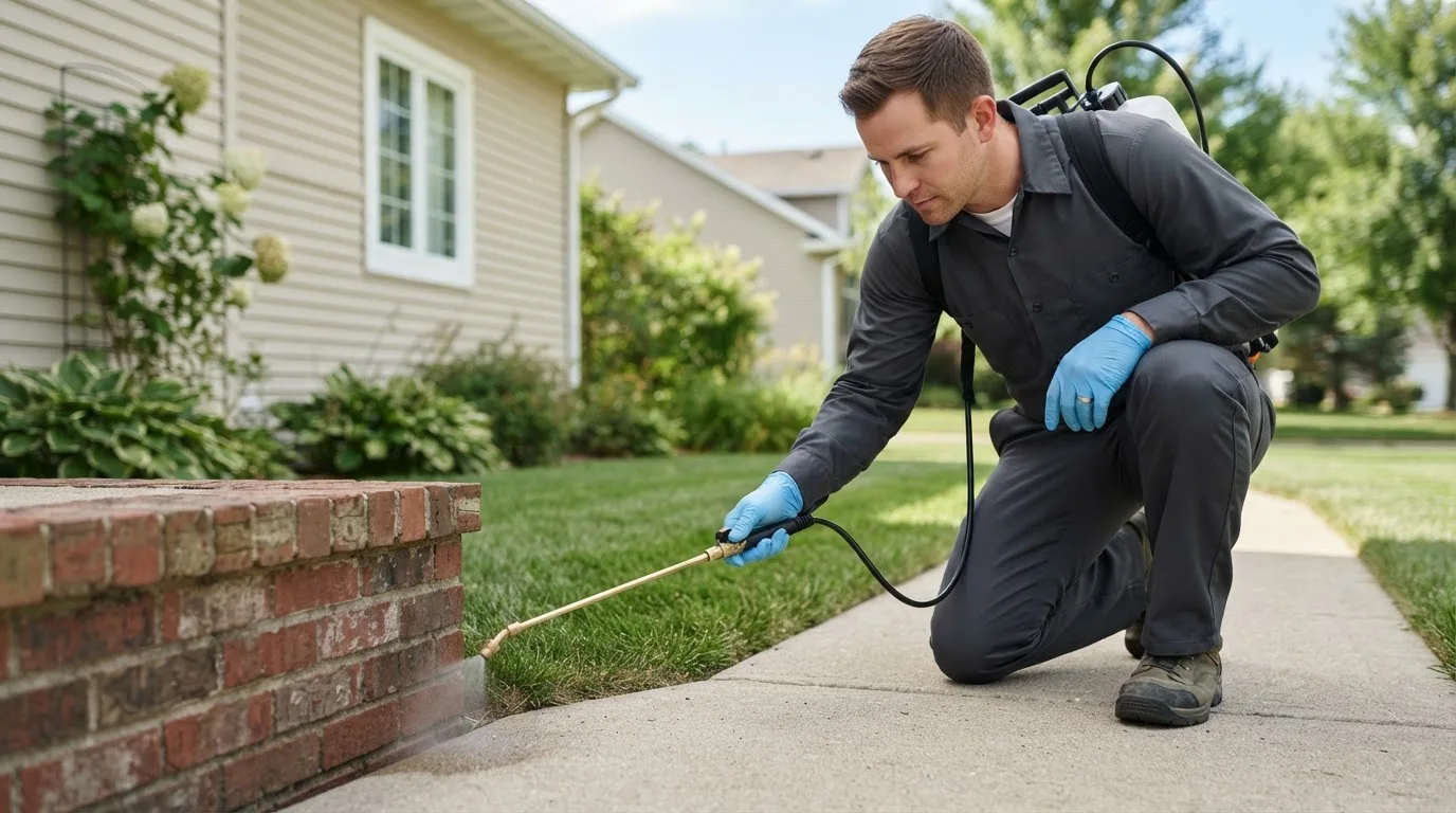 Pest control technician treating a home near Tolland, CT