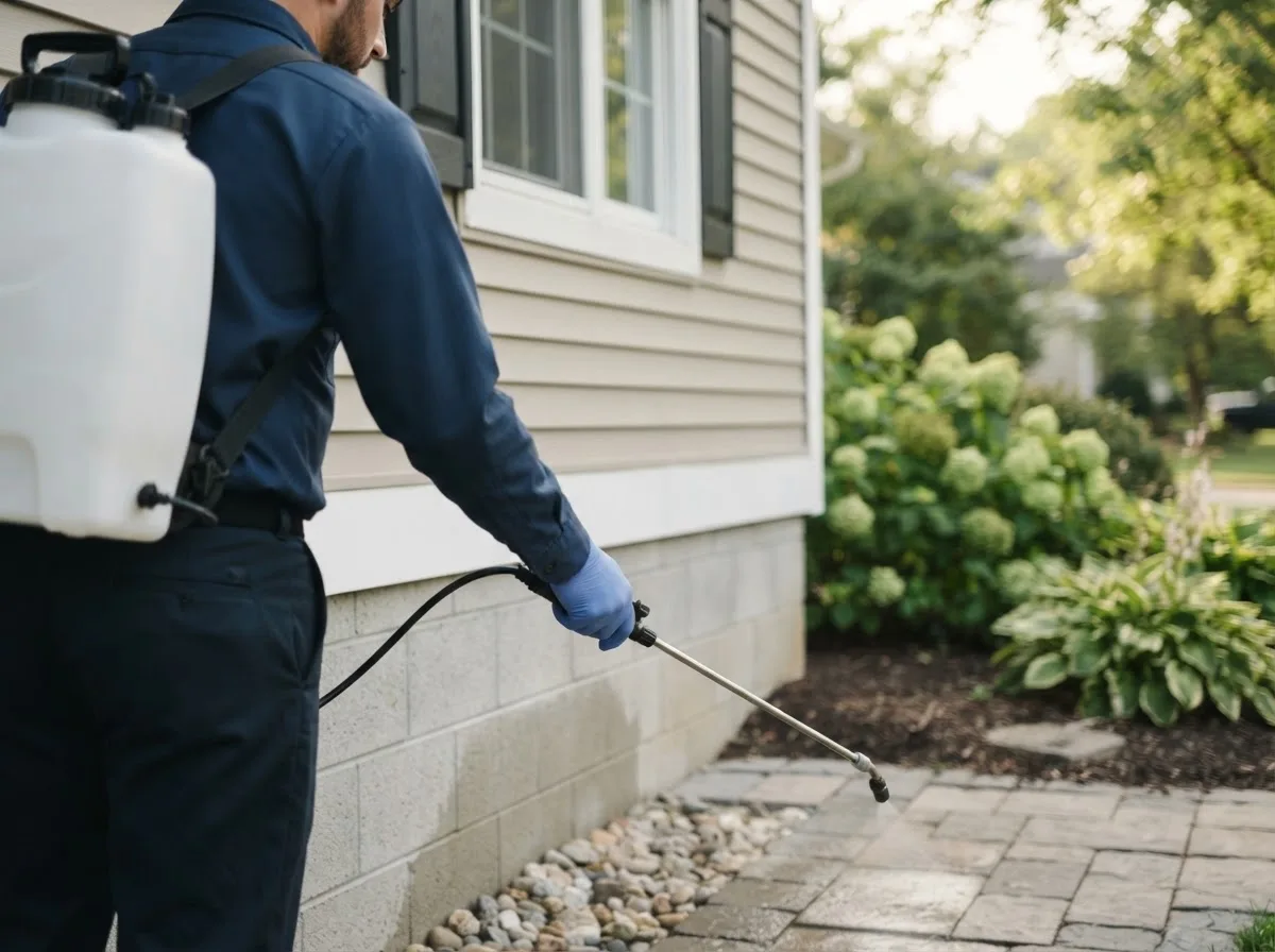Pest control technician inspecting a home in Tolland, CT
